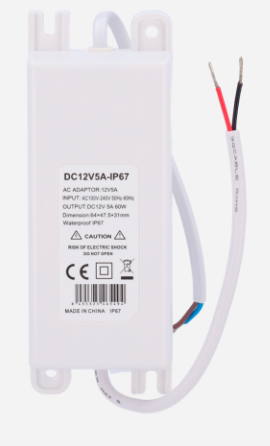 DC12V5A-IP67 PN068-320226 Fuente de alimentación Salida DC 12 V 5 A Salida AC 230V 50Hz Impermeable IP67 Protección: Sobrecarga/Sobrevoltaje/exceso de temperatura Color blanco